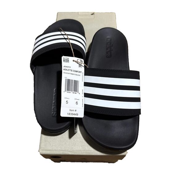 NWT adidas Adeletti Comfort Slide Sandals Black White Men’s 5 / Women’s 6 - Picture 2 of 5